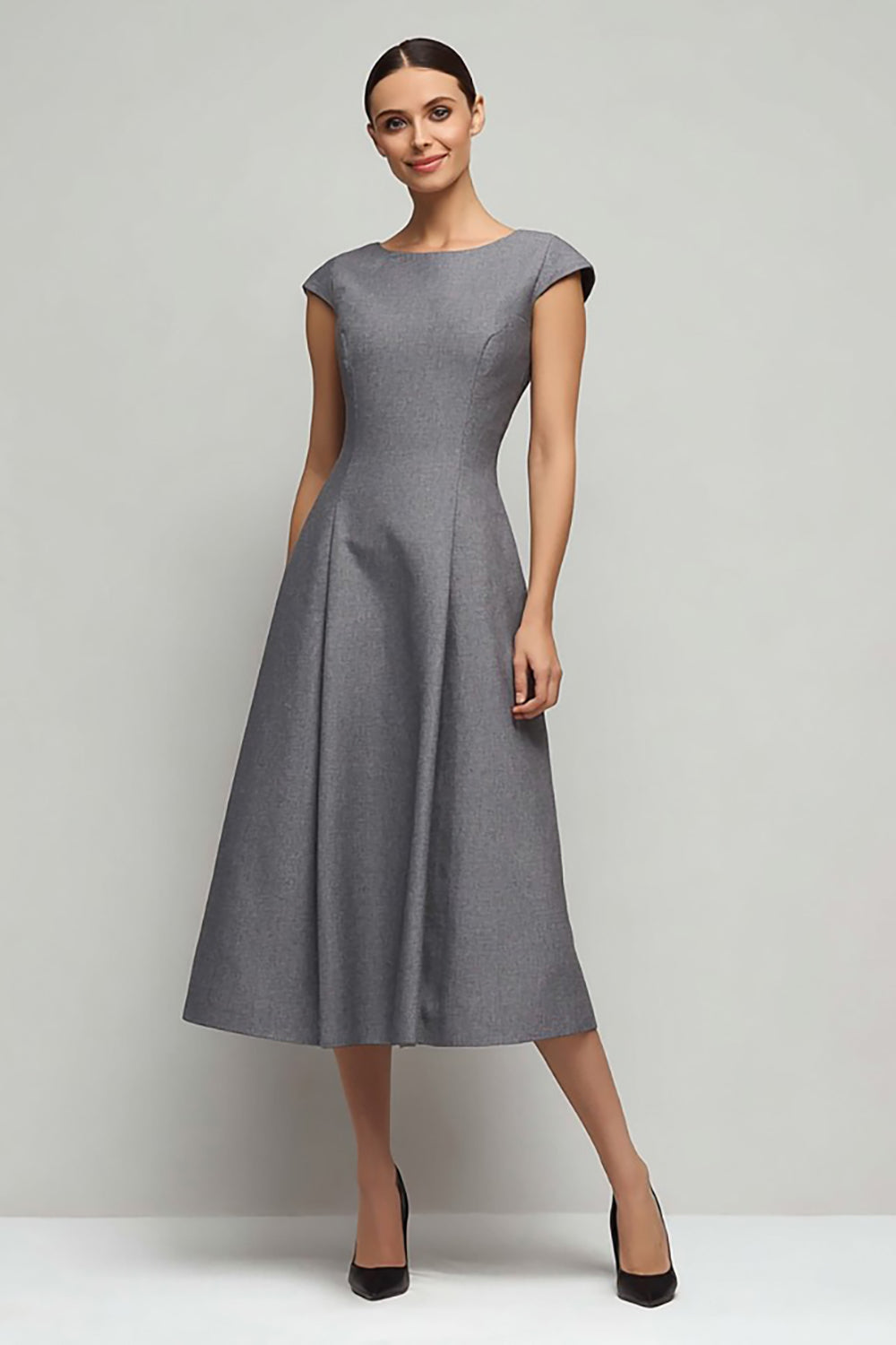 Simple Grey A Line Cap Sleeves Long Work Dress