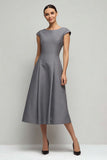 Simple Grey A Line Cap Sleeves Long Work Dress