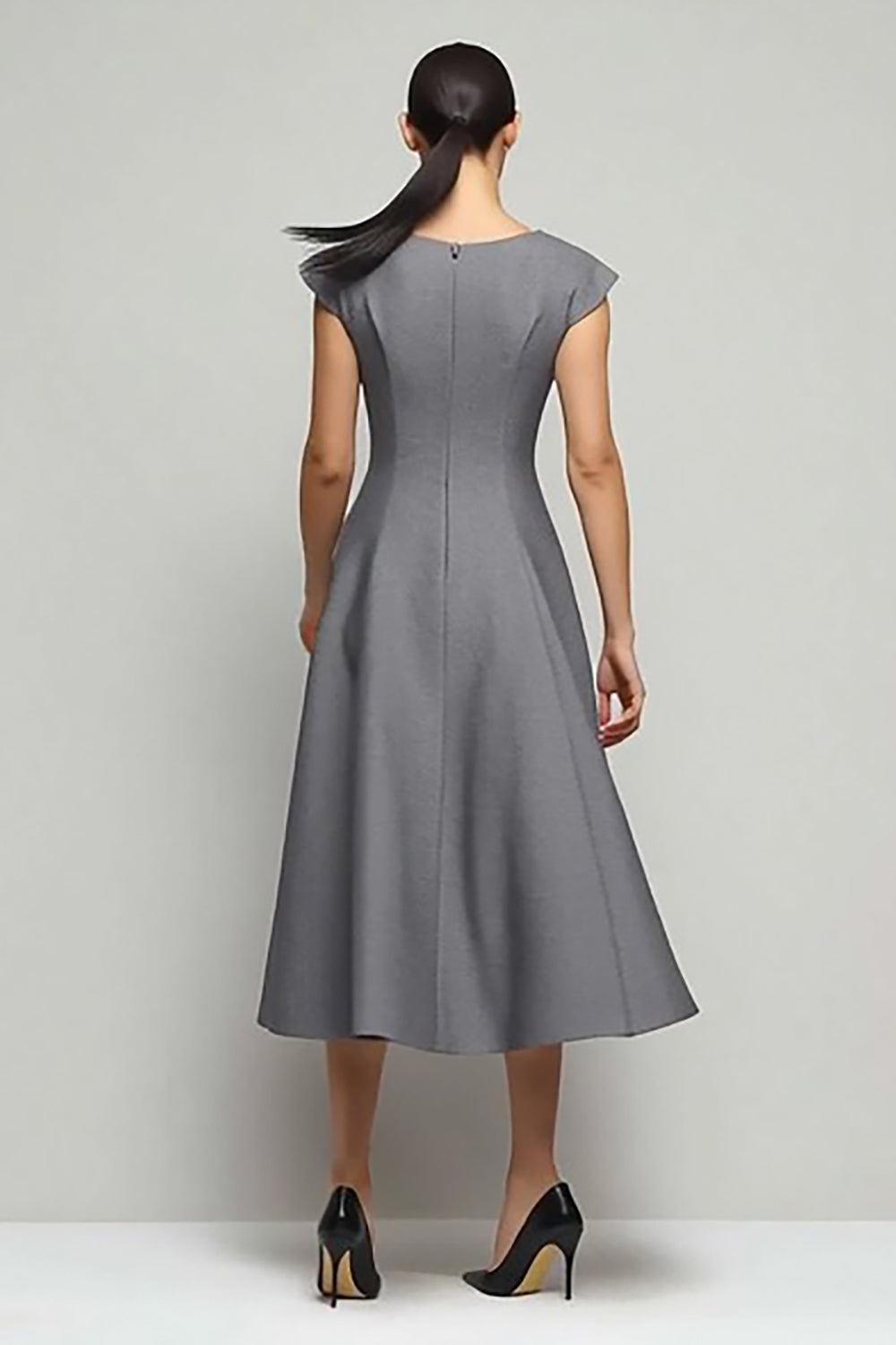 Simple Grey A Line Cap Sleeves Long Work Dress
