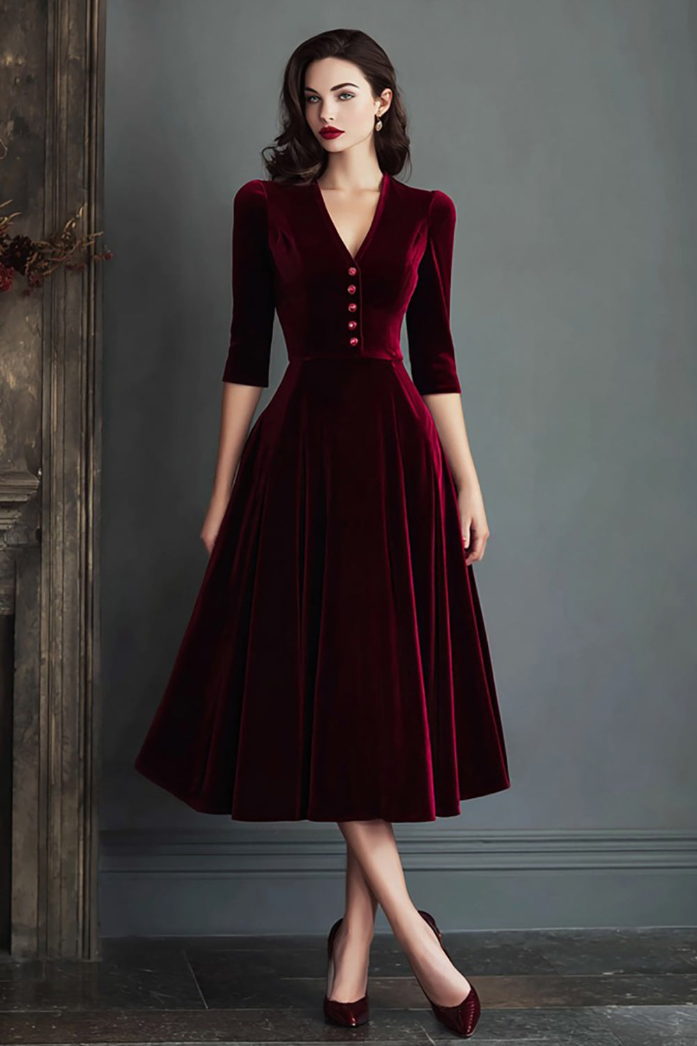 Burgundy A Line Velvet V-Neck Work Dress with Half Sleeves