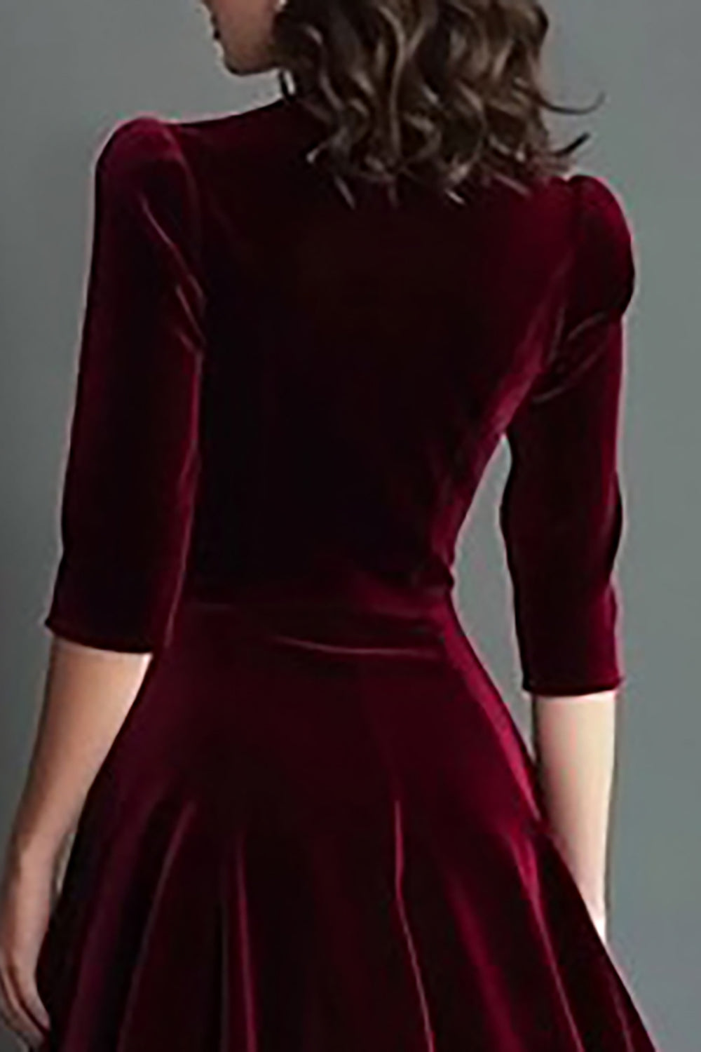Burgundy A Line Velvet V-Neck Work Dress with Half Sleeves