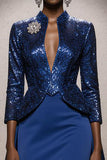 Sparkly Royal Blue High Neck Sequin Mermaid Long Pageant Dress with Cape