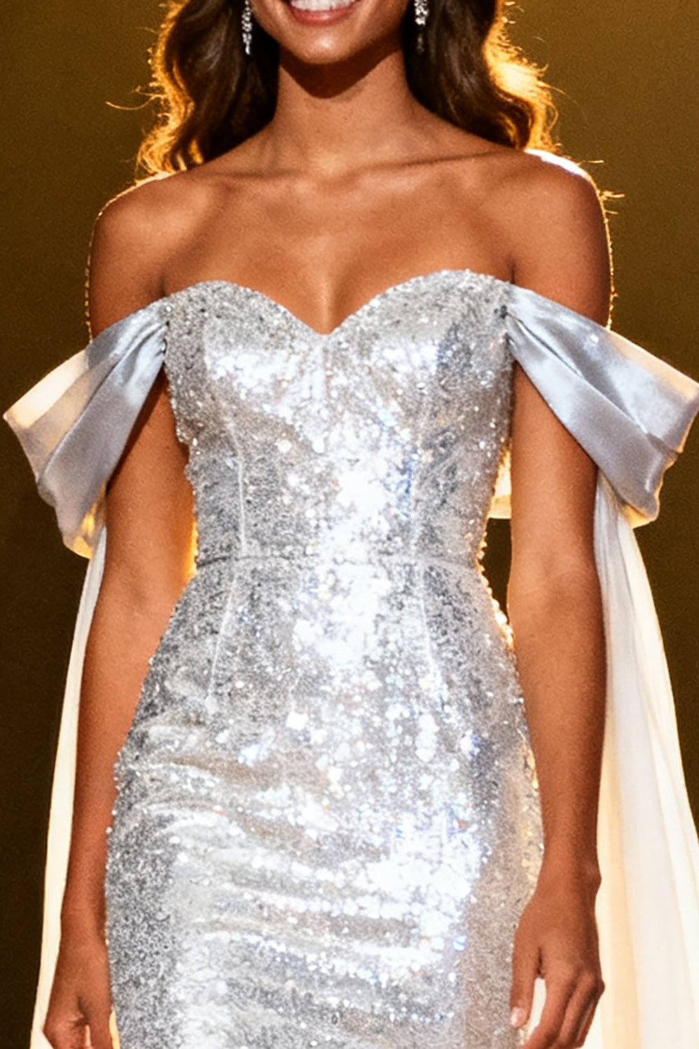 Sparkly Silver Sequins Off the Shoulder Long Pageant Dress with Cape