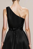 Black and White A-Line One Shoulder Satin Long Evening Dress