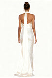 Sparkly White Satin Mermaid Halter Long Formal Dress