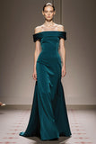 Peacock Blue Sheath Satin Off the Shoulder Long Formal Dress