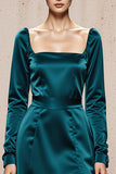 Peacock Blue A Line Square Neck Long Formal Dress with Slit