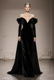 A-Line Black Velvet Off the Shoulder Long Military Ball Dresses with Sleeves