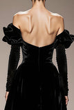 A-Line Black Velvet Off the Shoulder Long Military Ball Dresses with Sleeves