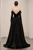 Off the Shoulder A-Line Black Velvet Long Military Ball Dresses with Slit