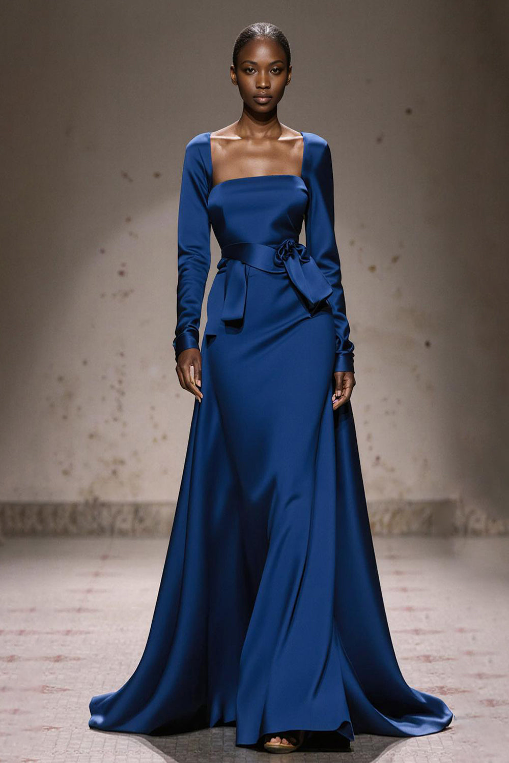 A-Line Velvet Royal Blue Long Military Ball Dresses with Sleeves