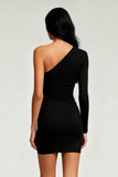 Black Tight One Shoulder Ruched Short Cocktail Dress with Sleeves