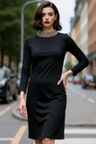 Black Pencil Round Neck Midi Work Dress with Sleeves