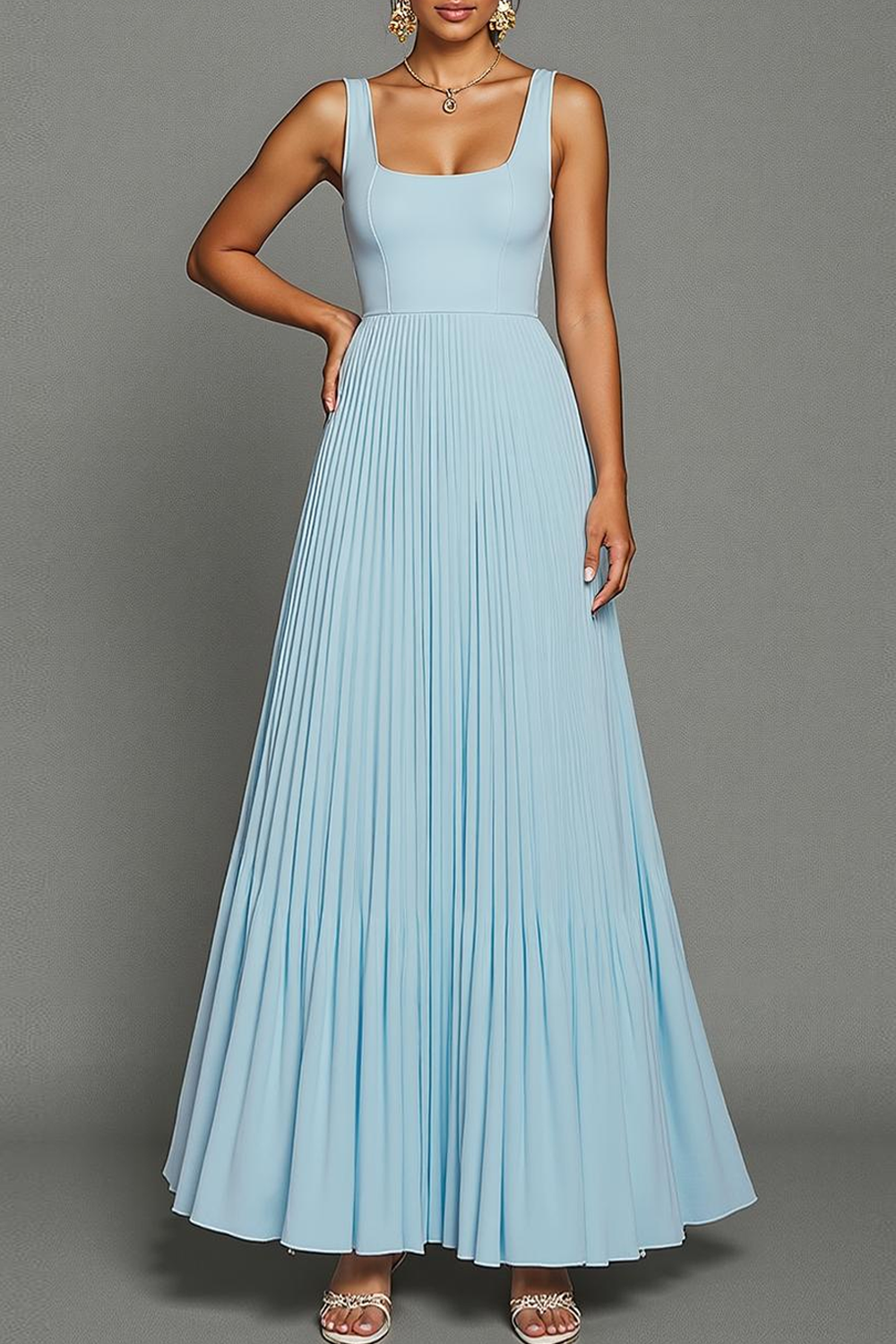 Sky Blue Pleated A Line Long Formal Dress