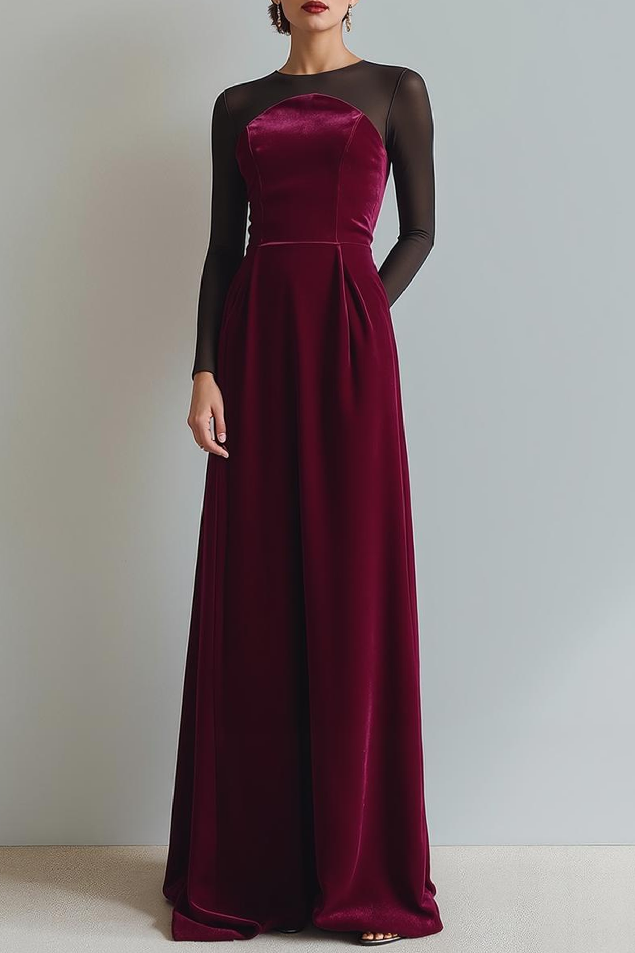 Cabernet Sheath Velvet Long Formal Dress with Sleeves