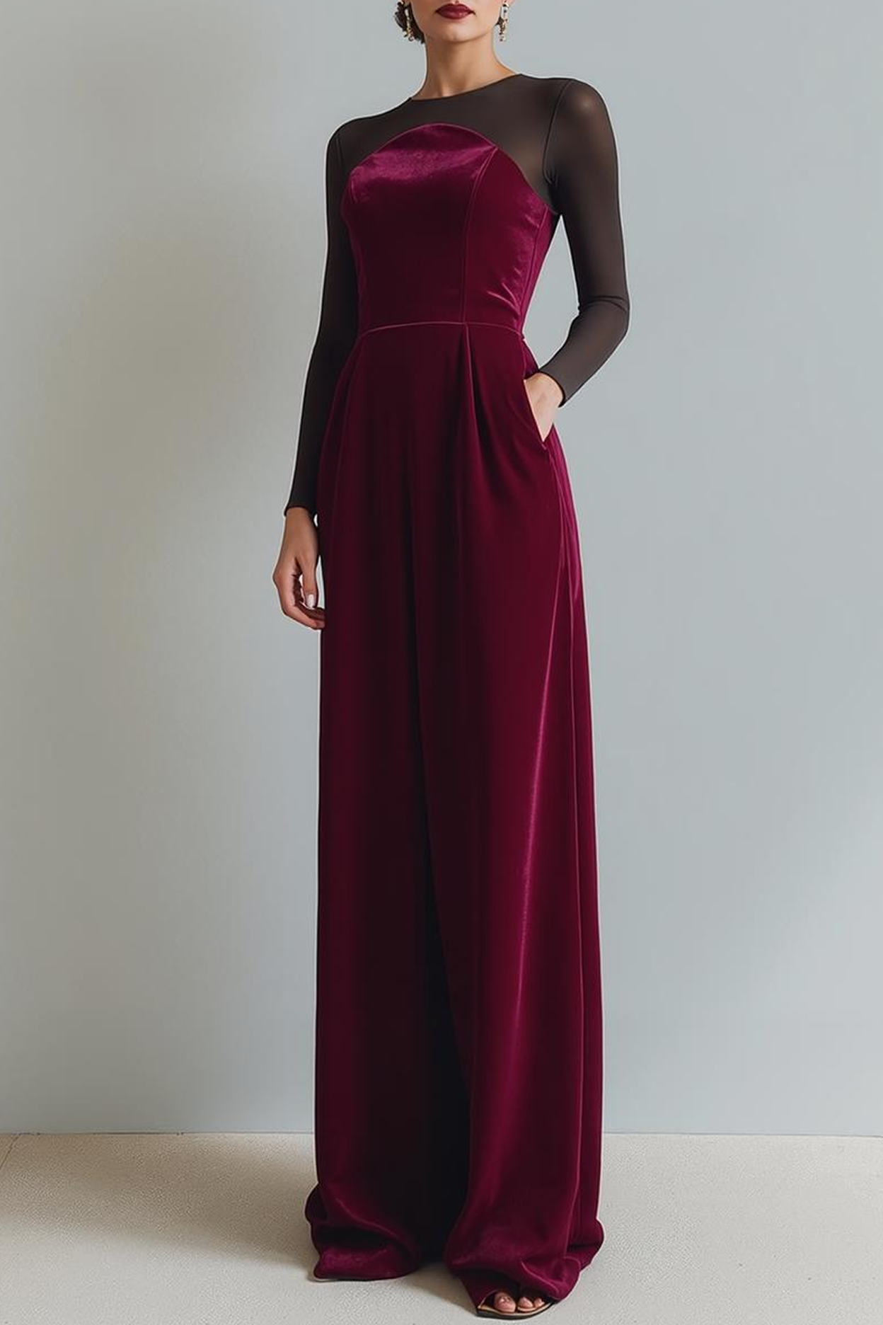 Cabernet Sheath Velvet Long Formal Dress with Sleeves