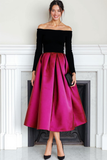 Fuchsia Black Velvet Off the Shoulder Long Evening Dress with Sleeves