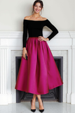 Fuchsia Black Velvet Off the Shoulder Long Evening Dress with Sleeves