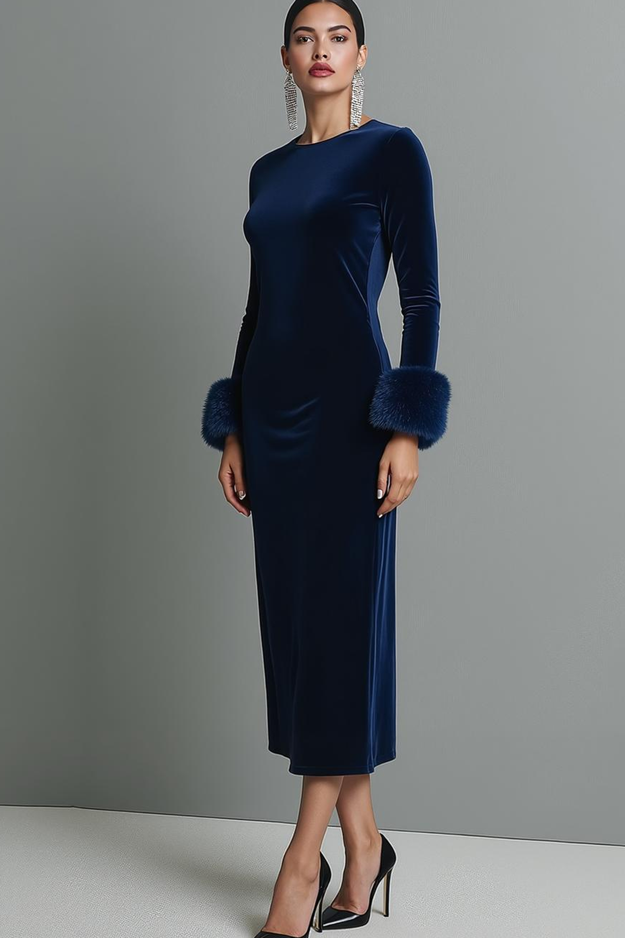 Dark Blue Round Neck Velvet Sheath Maxi Formal Dress with Sleeves