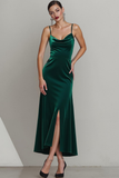 Dark Green Velvet Spaghetti Straps Long Formal Dress with Slit