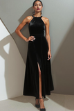 Black Velvet Halter Formal Dress with Slit