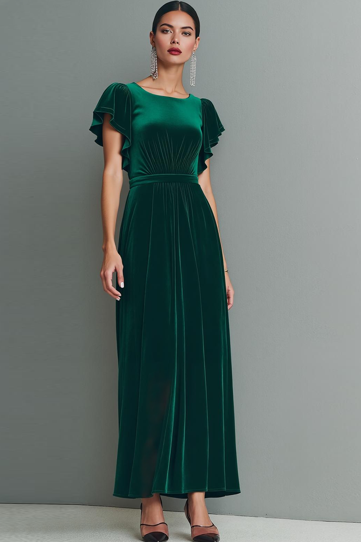 Dark Green Velvet Long Formal Dress with Flutter Sleeves