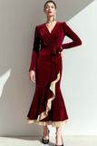 Cabernet Mermaid Ruffled Velvet Long Sleeve Holiday Party Dress