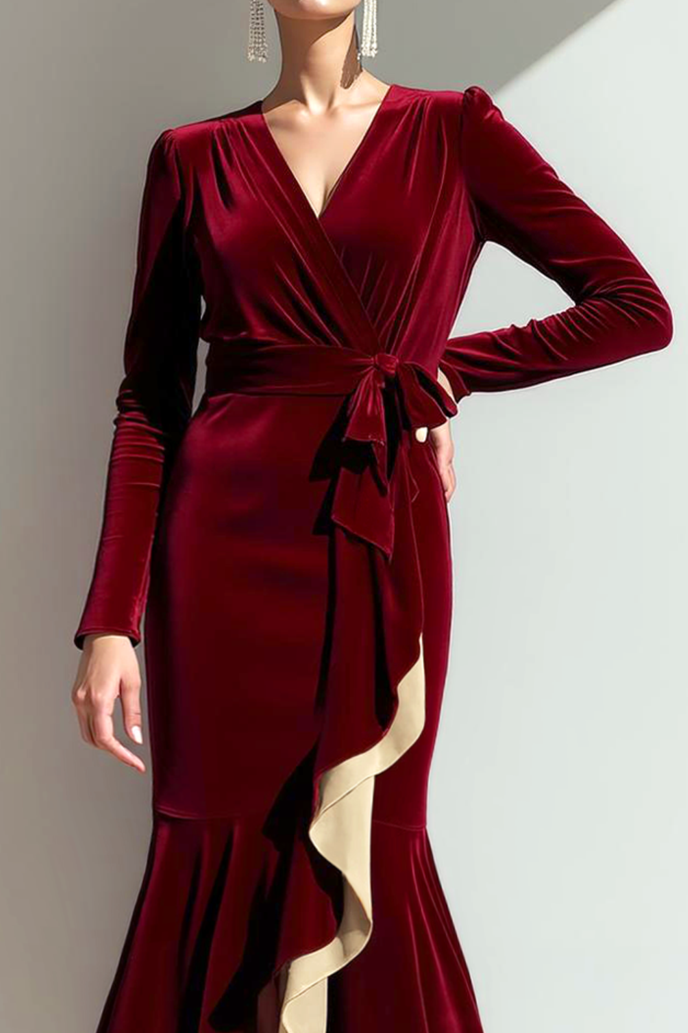 Cabernet Mermaid Ruffled Velvet Long Sleeve Holiday Party Dress