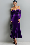Dark Purple Mermaid Off the Shoulder Velvet Long Evening Dress