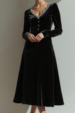Black Velvet A Line V-Neck Maxi Holiday Party Dress with Long Sleeves