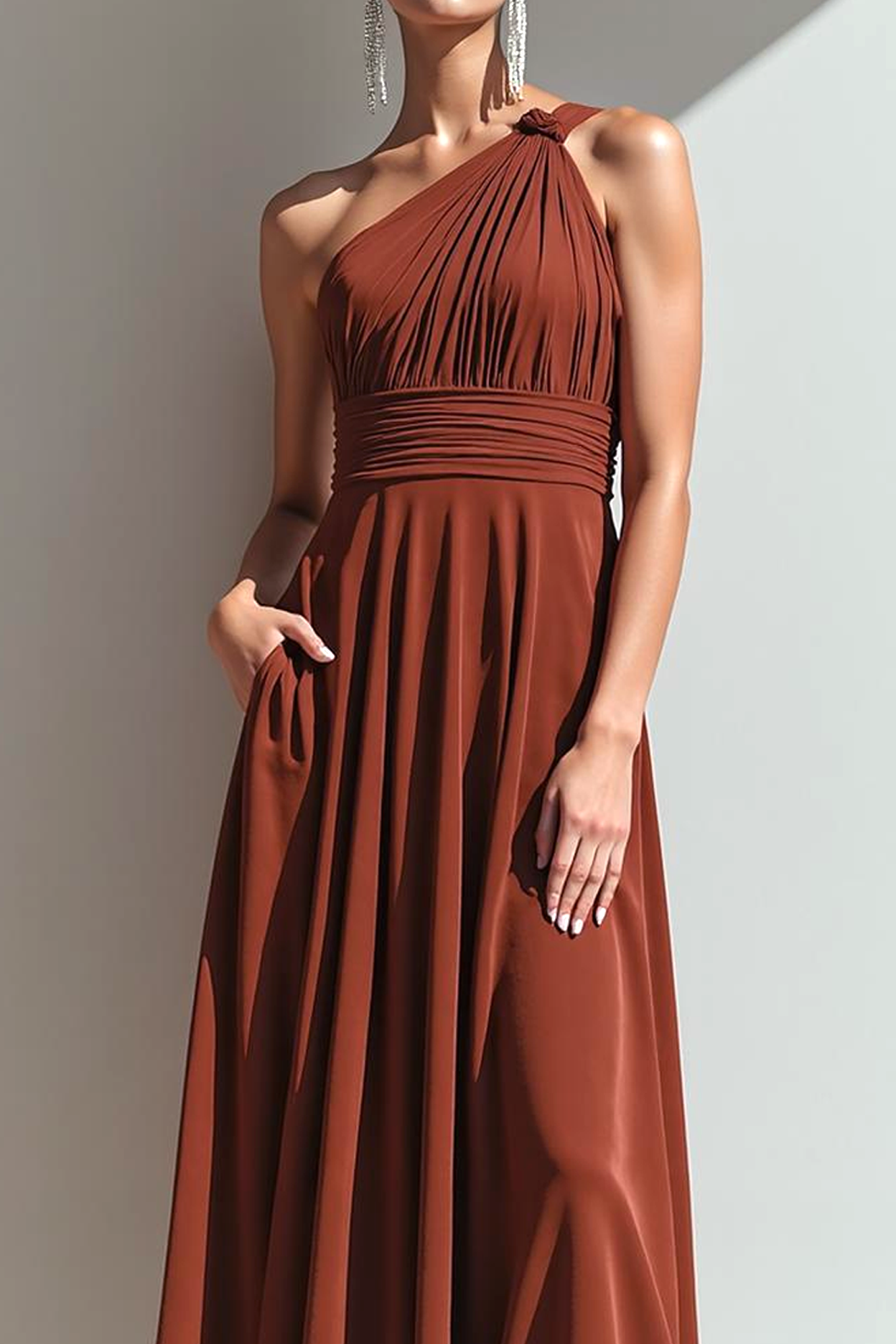 Terracotta One Shoulder A Line Maxi Evening Dress with Pocket