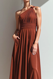 Terracotta One Shoulder A Line Maxi Evening Dress with Pocket