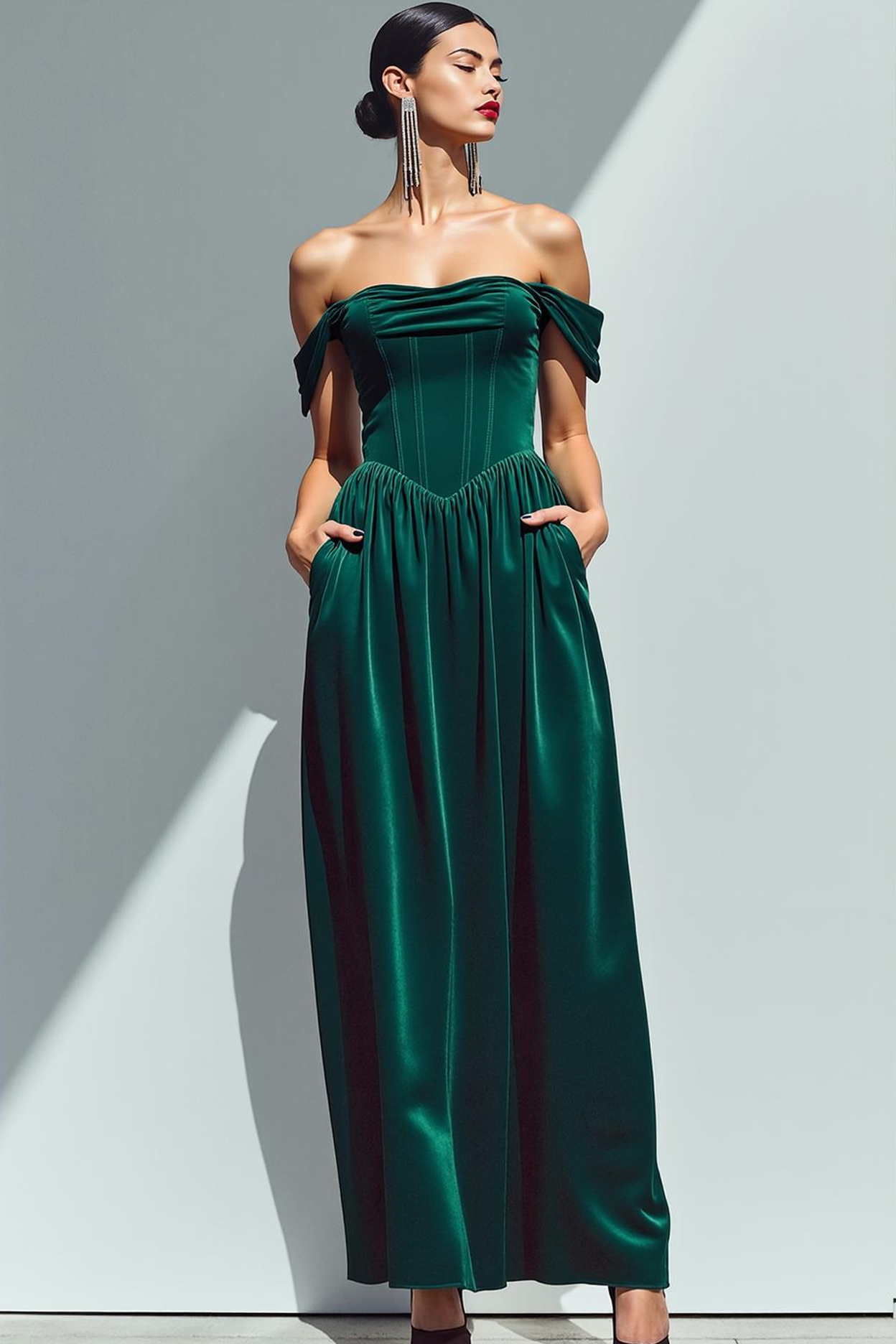 Dark Green A-Line Corset Velvet Maxi Holiday Party Dress with Pockets