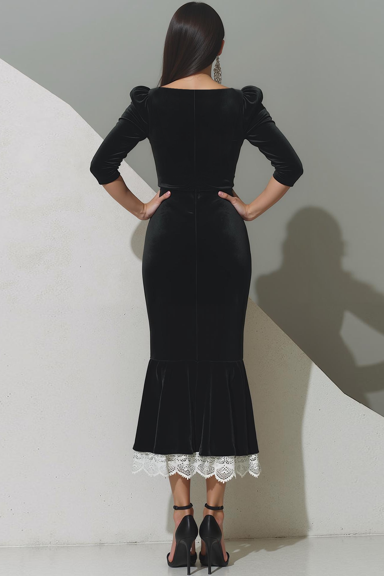 Black Velvet Mermaid Tea Length Formal Dress with Lace