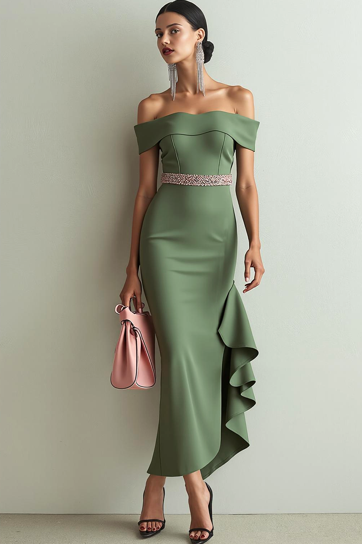 Olive Off the Shoulder Mermaid Formal Dress with Ruffles