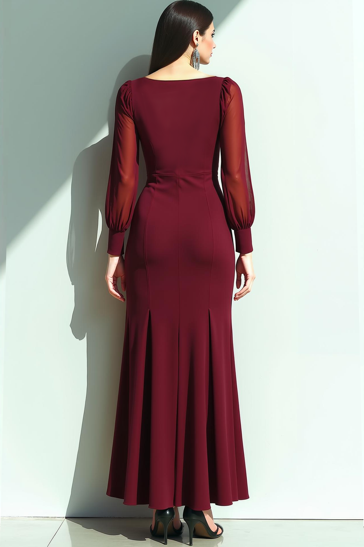 Cabernet Mermaid Square Neck Long Sleeves Formal Dress with Slit