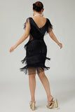 V-Neck Black Tiered Fringed Cut-Out 1920s Dress With Sequins