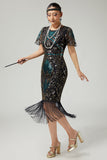 Sparkly Black Blue Fringed 1920s Dress With Short Sleeves