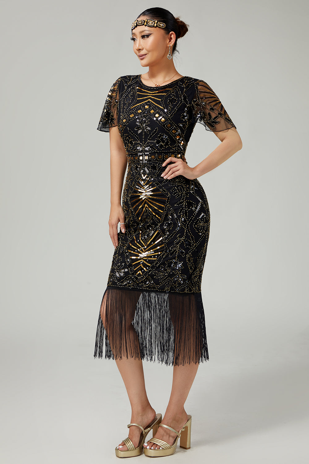 Sparkly Black Blue Fringed 1920s Dress With Short Sleeves