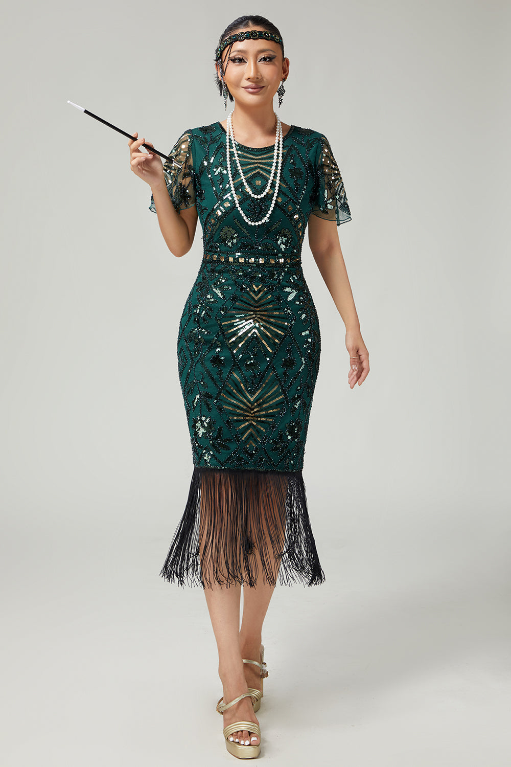 Sparkly Dark Green Pencil 1920s Dress With Fringes