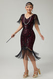 Black Golden V-Neck 1920s Dress With Sequins and Fringes