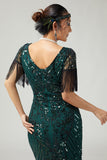 Dark Green Sequined Bodycon Fringed 1920s Dress With Short Sleeves