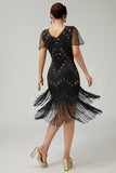 Black Golden Riered Fringed 1920s Dress With Beading