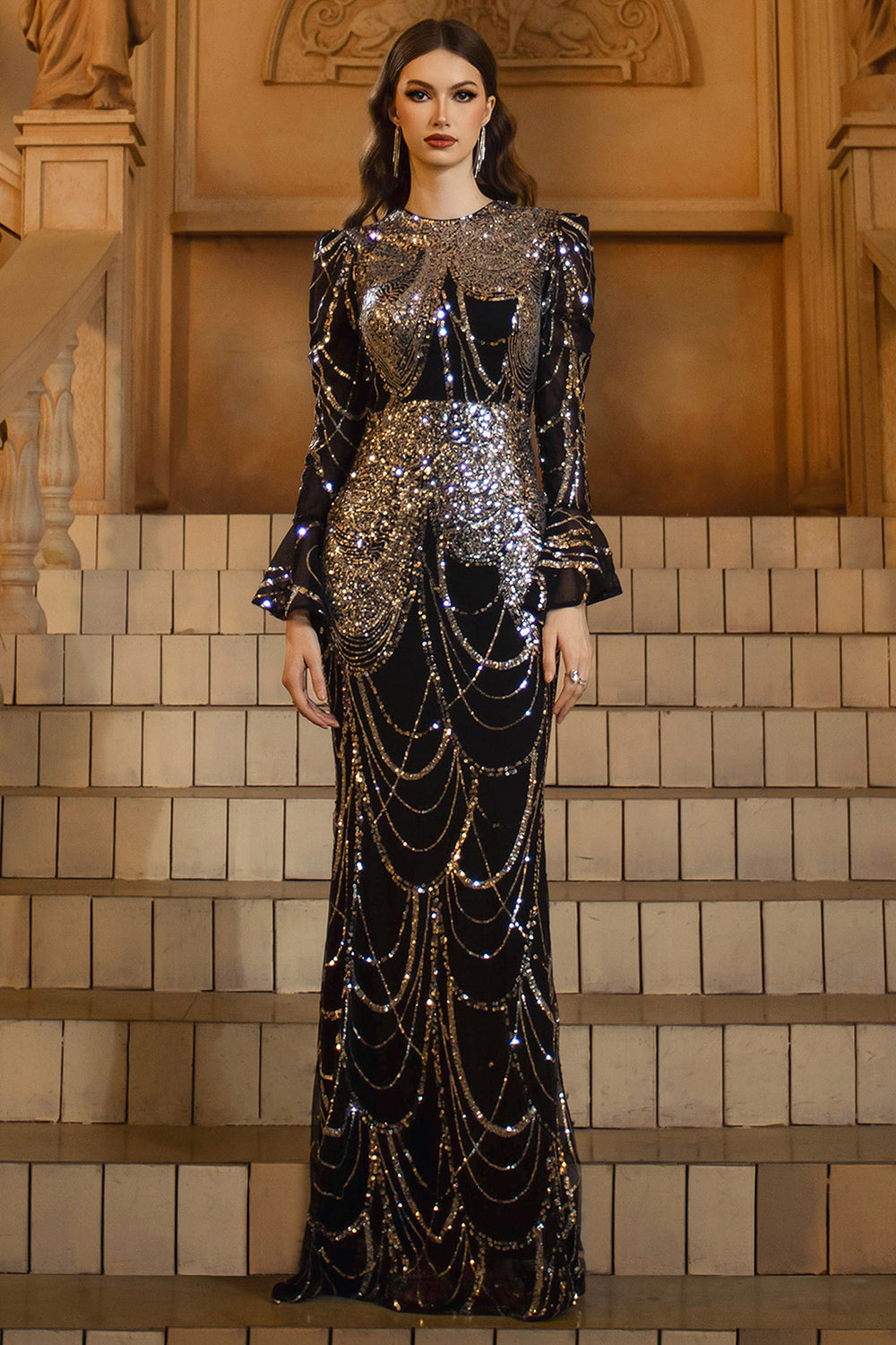 Black Golden Mermaid Long Sleeve Sequins Formal Dress