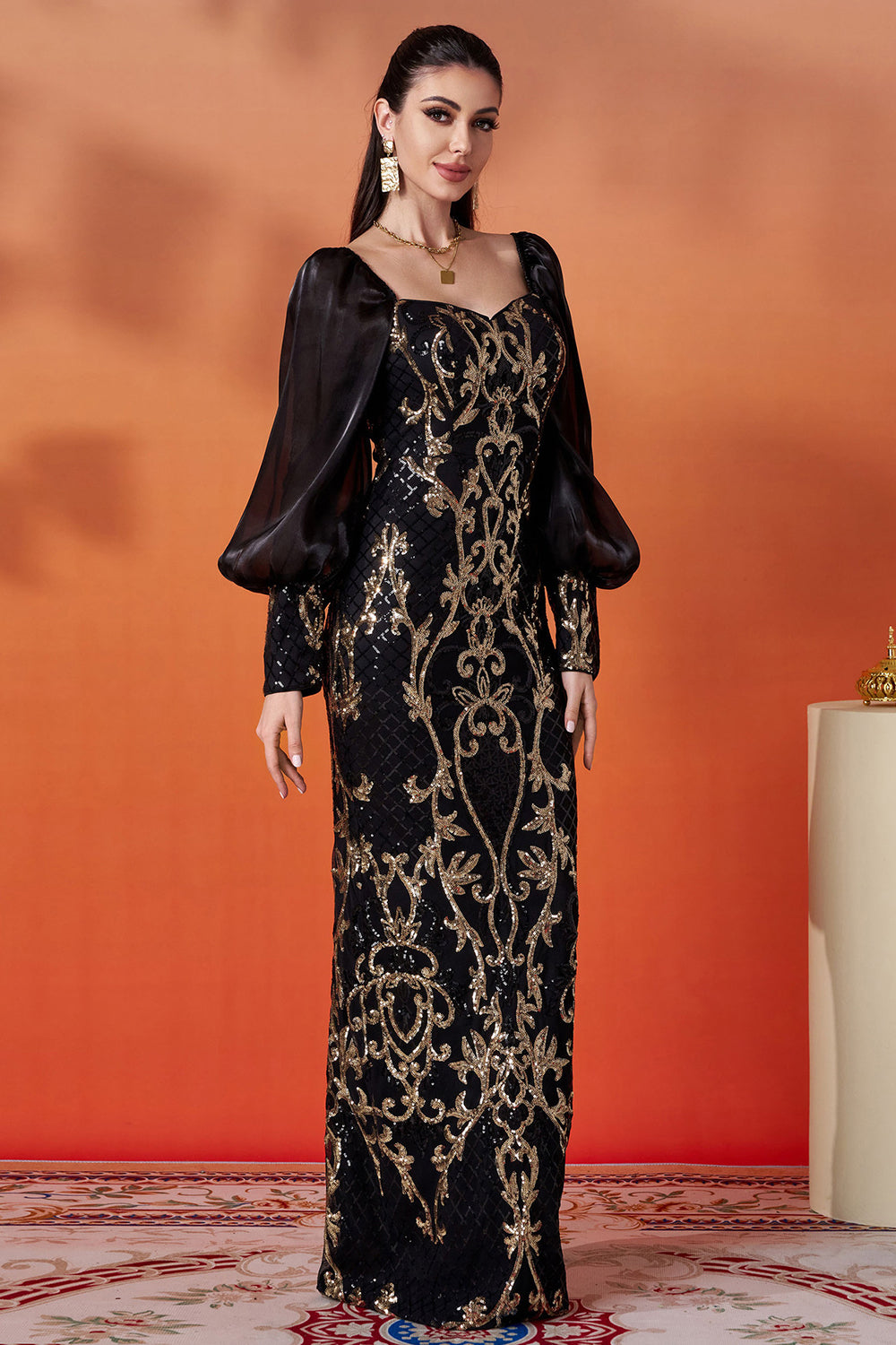 Sparkly Black Golden Mermaid Long Sleeve Formal Dress