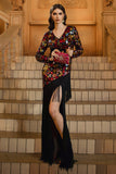 Sparkly Black V-Neck Long Sleeve Mermaid Formal Dress