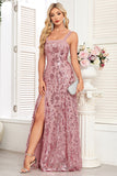 Blush A Line Thick Straps Floral Long Prom Dress with Slit