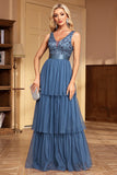 Grey Blue Tiered A Line Thick Straps Long Prom Dress