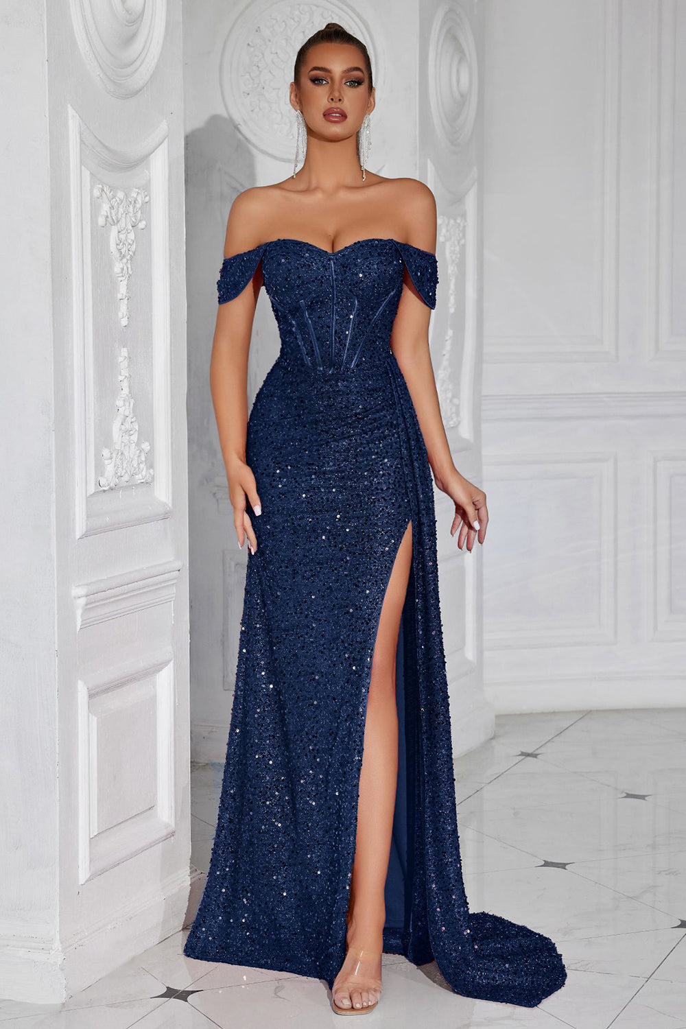 Sparkly Burgundy Corset Off the Shoulder Long Prom Dress with Slit