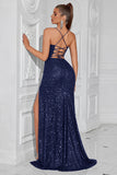 Sparkly Golden Sequin Mermaid Long Prom Dress with Slit